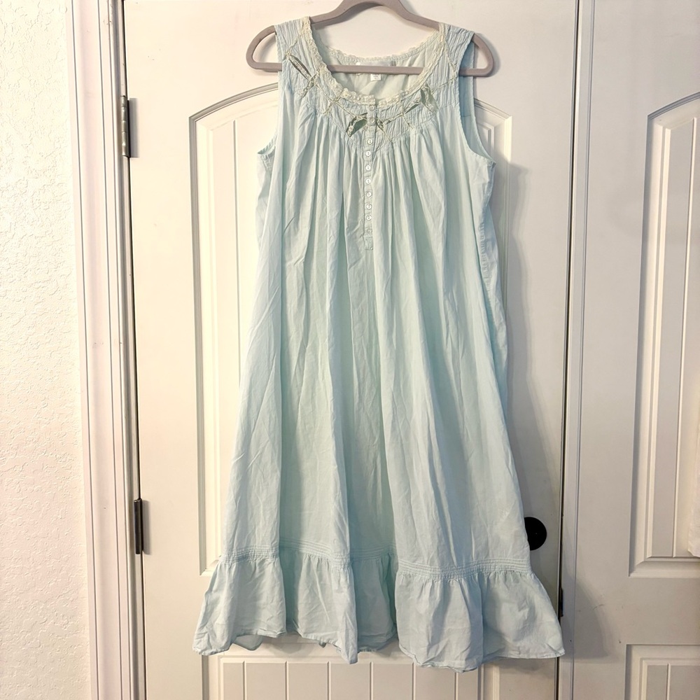 Eileen West Light Aqua Blue Long Cotton Nightgown Lace Trim Size Large, (+Flaw) - Picture 2 of 15